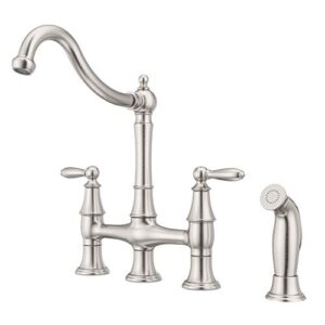 pfister courant kitchen faucet with side sprayer, 2-handle, high arc, stainless steel finish, f0314cos
