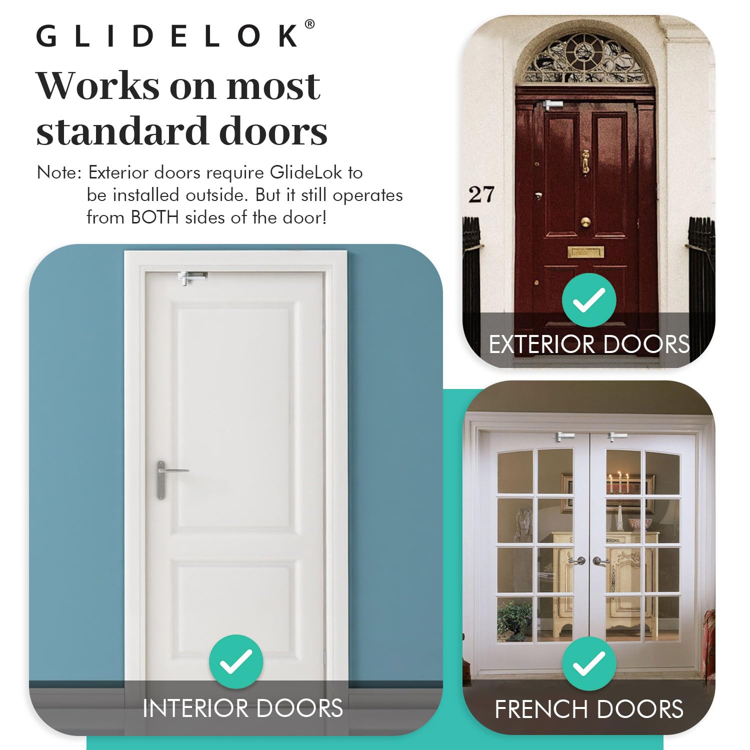 4 Pack - GlideLok Child Safety Door Top Lock Made of Durable Metal (Not Plastic Like Other Models) | for Childproofing Interior/Exterior Doors | Adults Can Open Door from Both Sides