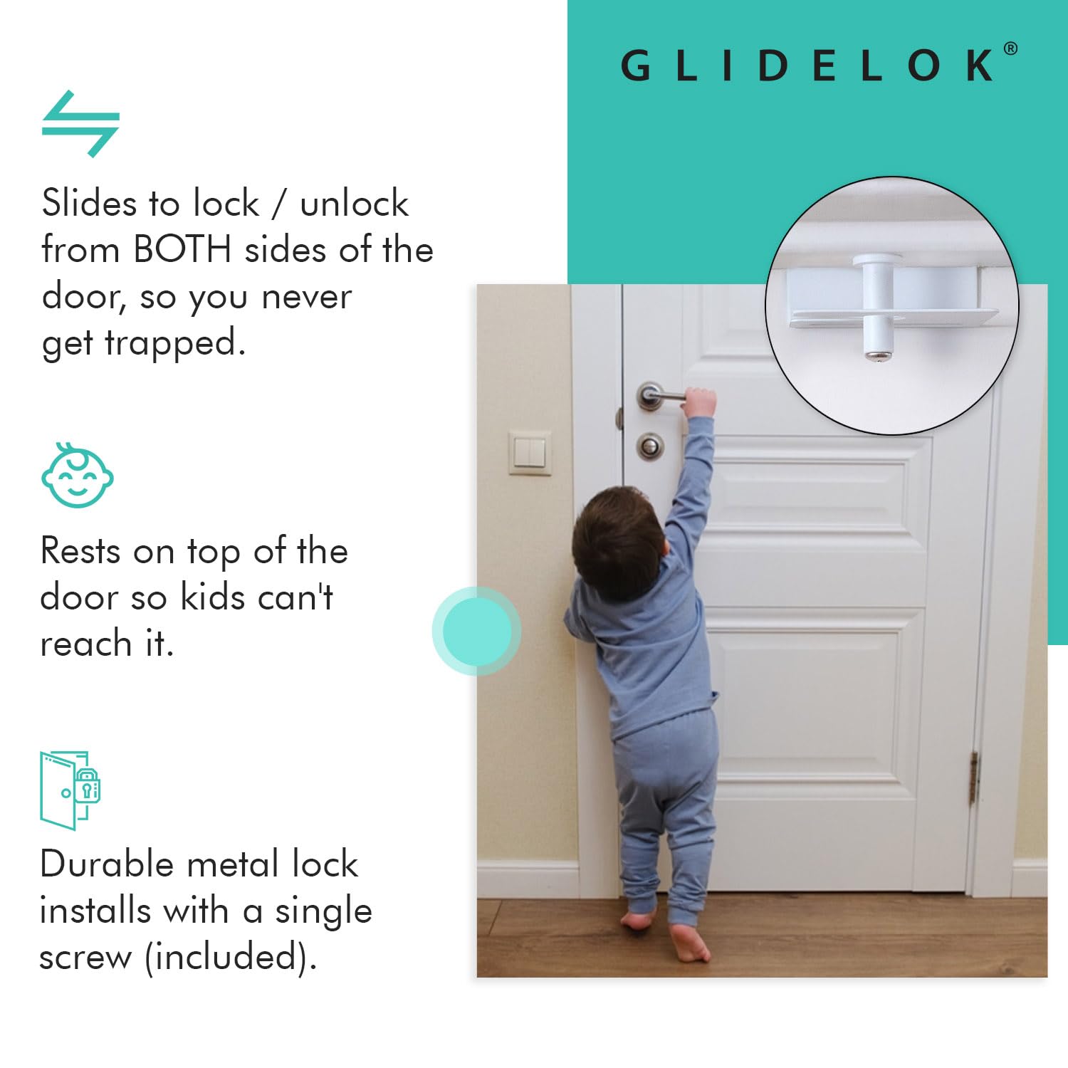 4 Pack - GlideLok Child Safety Door Top Lock Made of Durable Metal (Not Plastic Like Other Models) | for Childproofing Interior/Exterior Doors | Adults Can Open Door from Both Sides