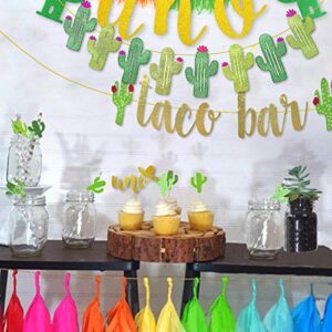 2 Set Fiesta Taco Bar Cactus Banner Garland, Gold Green Glittery Fiesta Banner for Mexican Fiesta Party Cinco De Mayo Decorations