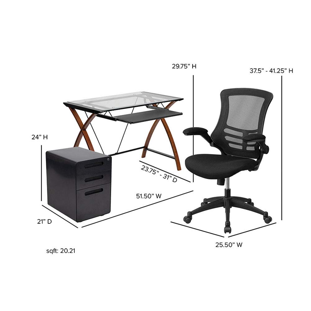 Flash Furniture Work From Home Kit - Glass Desk with Keyboard Tray, Ergonomic Mesh Office Chair and Filing Cabinet with Lock & Inset Handles