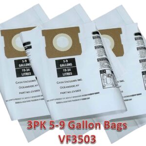 3 Replacement VF3503 Bags. Compatible with Ridgid 5-9 Gallon Wet/Dry Vacuum Units. High Efficiency Multi-Layer Collection Bags.