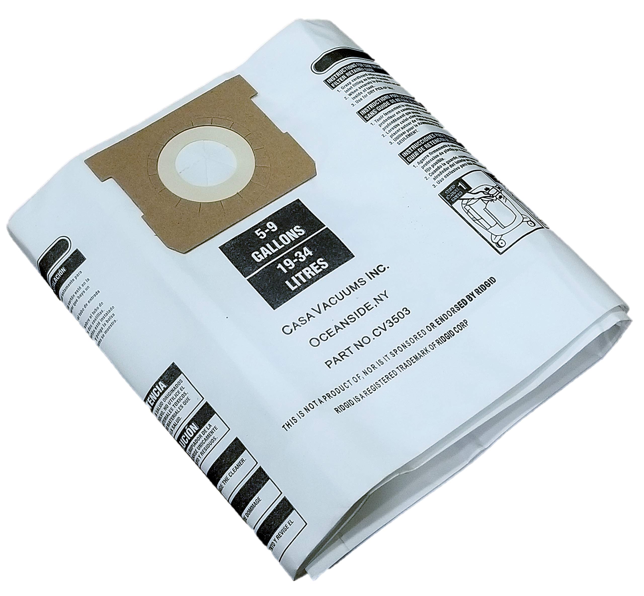 3 Replacement VF3503 Bags. Compatible with Ridgid 5-9 Gallon Wet/Dry Vacuum Units. High Efficiency Multi-Layer Collection Bags.