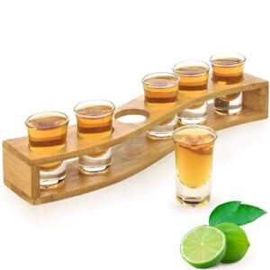 linall shot glasses 6pcs shot glass set 1oz/30ml shot glass holder heavy base for whisky tequila 6 shot glass serving tray (6pcs)