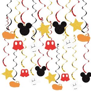 30pcs mickey mouse birthday hanging swirl decorations, ceiling streamers mini mouse birthday party supplies, hanging swirls party favors for kids boys glitter gold, red and black decor
