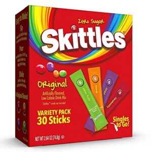 skittles singles to go variety pack, watertok powdered drink mix, zero sugar, low calorie, includes 4 flavors: green apple, strawberry, grape, orange, 1 box (40 single servings)