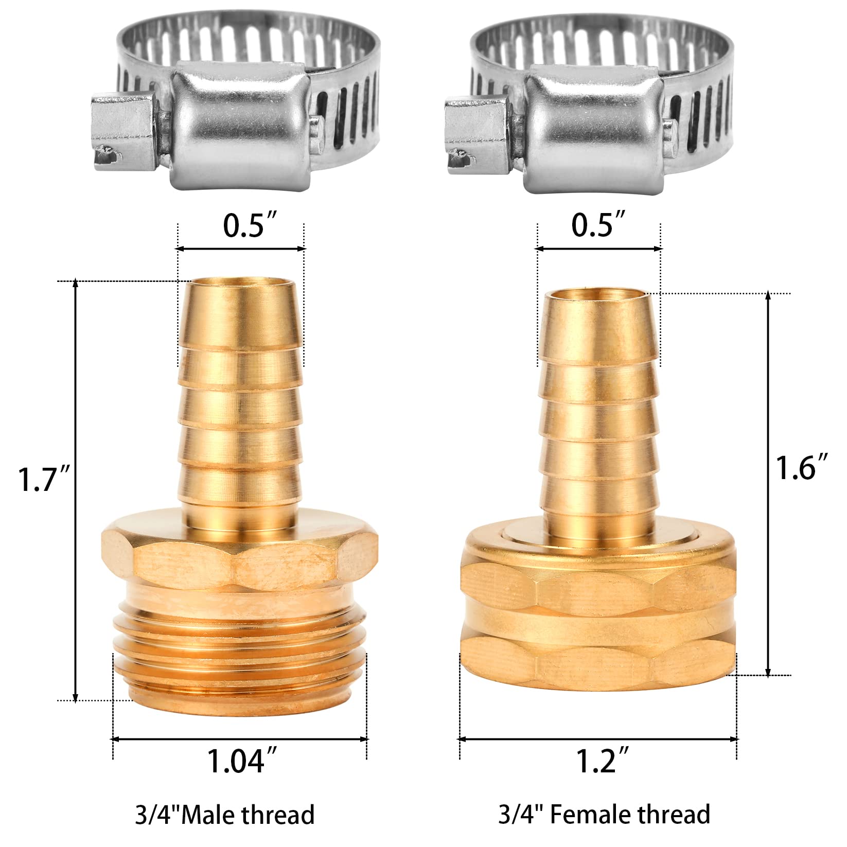 Sanpaint Brass Garden Hose Connector Repair Mender Kit with Stainless Clamp,Fits 1/2" Water Hose Fitting (1/2" Barb x 3/4" GHT)