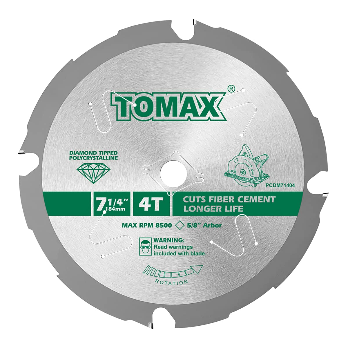 TOMAX PCDM71404 7-1/4 Inch 4 Tooth Polycrystalline Diamond Tipped (PCD) Hardie Fiber Cement Saw Blade with 5/8-Inch DMK Arbor