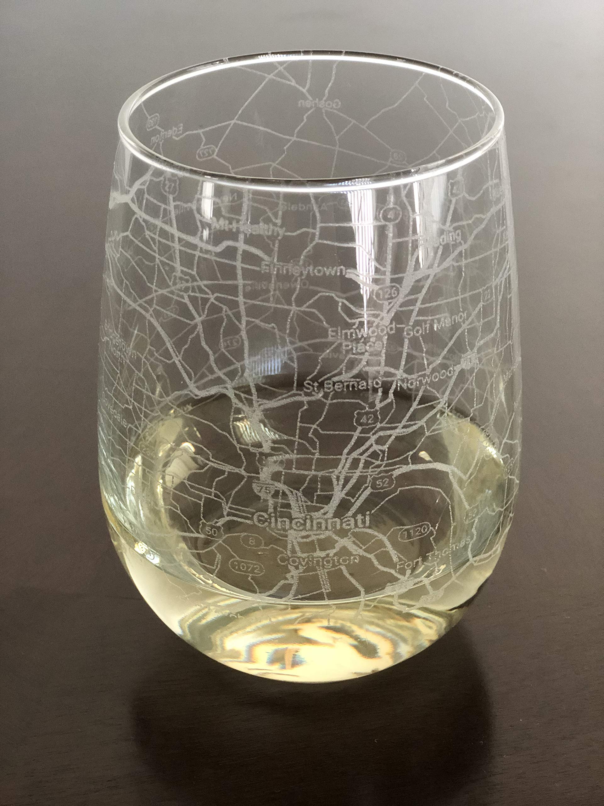 Stemless 17oz Wine Glass Urban City Map Cincinnati Ohio