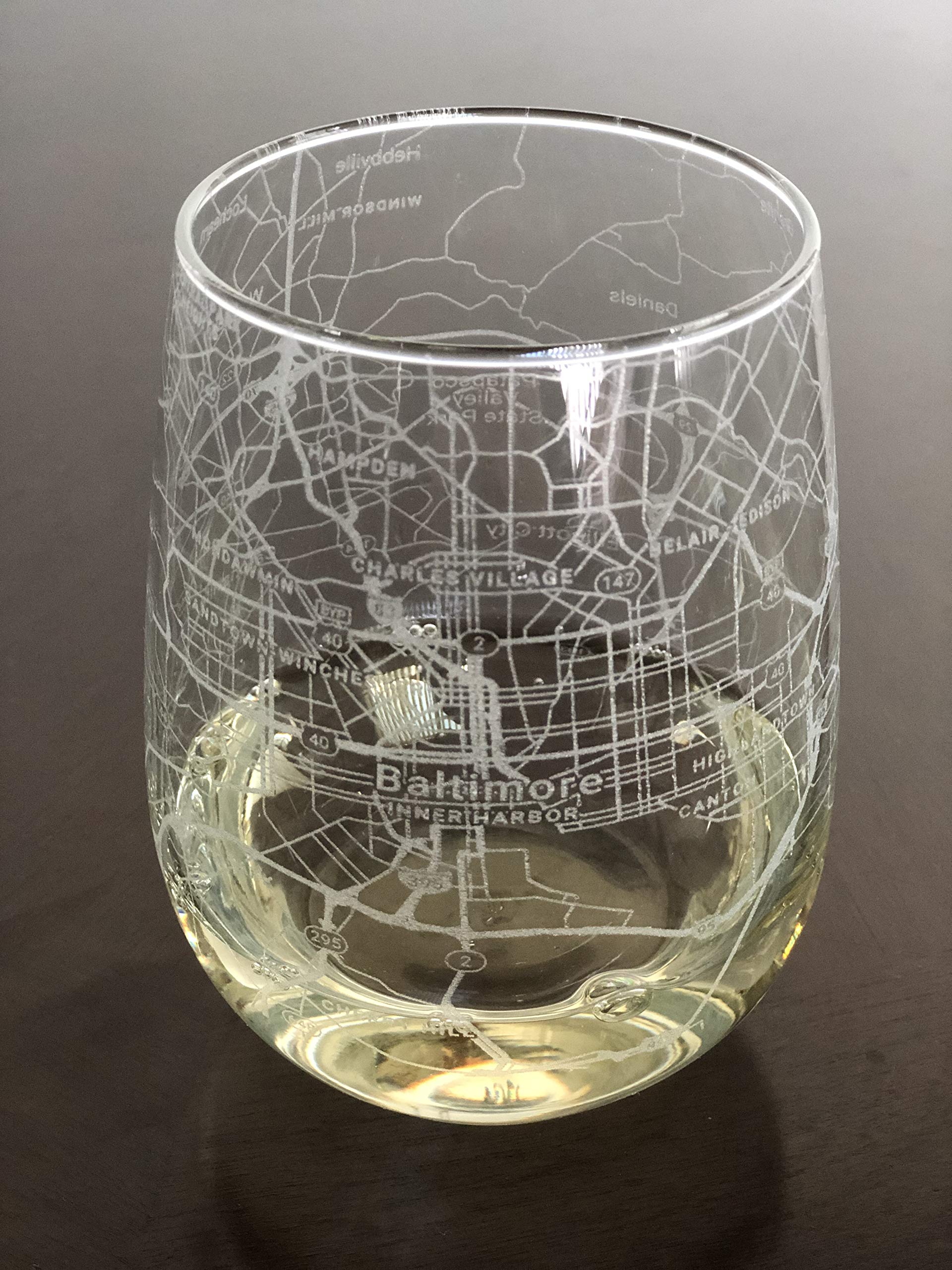 Stemless 17oz Wine Glass Urban City Map Baltimore Maryland