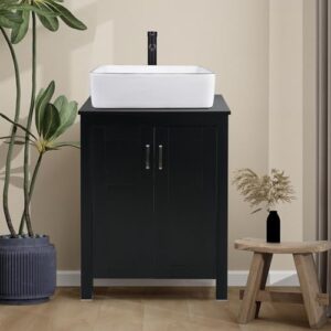 Puluomis 24” Bathroom Vanity Sink Combo Black Cabinet Vanity and White Ceramic Vessel Sink with ORB Faucet & Pop Up Drain