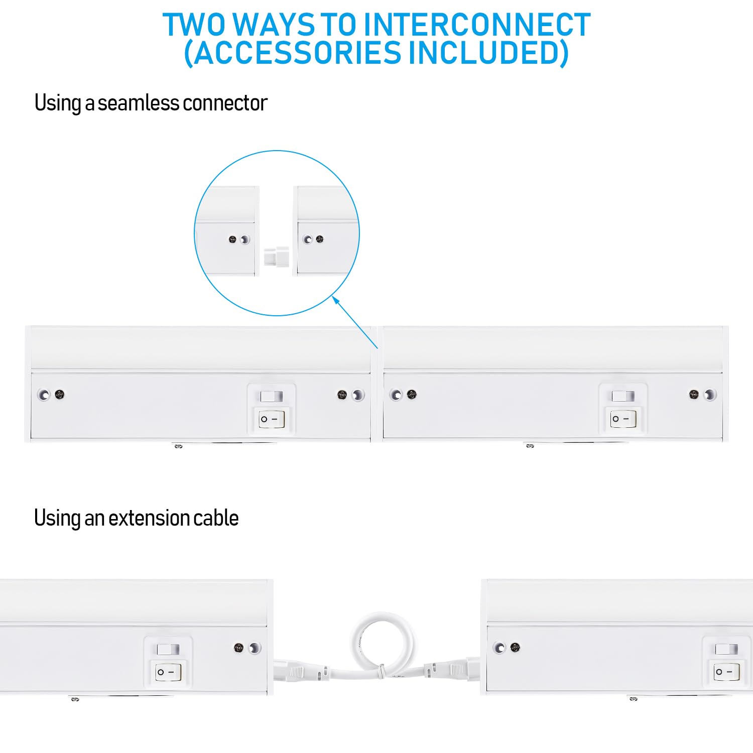 TORCHSTAR LED Under Cabinet Task Lighting 3CCT, 8 Inch 6W 400LM, 120V Hardwired & Plug-in, CRI90 ETL Under Counter Lights, Dimmable & Linkable, 3000K/4000K/5000K, White Aluminum Housing, Pack of 2