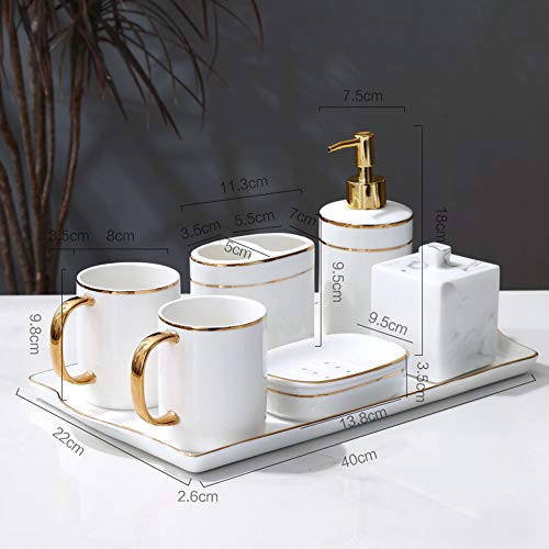 JWZQ Bathroom Accessories Set,6-Piece Ceramic Gift Set,Toothbrush Holder,Mouthwash Cup,Soap Dispenser,Soap Dish,Trash Can,Ceramic/Metal Tray