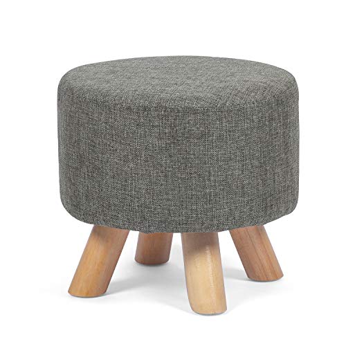 Asense Round Ottoman Foot Rest Linen Fabric Padded Seat Pouf Ottoman with Non-Skid Wooden Legs