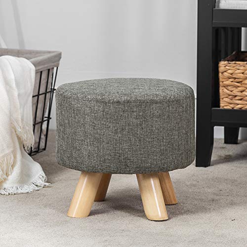 Asense Round Ottoman Foot Rest Linen Fabric Padded Seat Pouf Ottoman with Non-Skid Wooden Legs