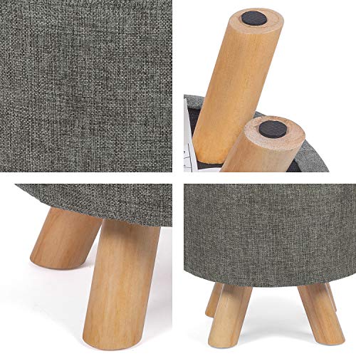 Asense Round Ottoman Foot Rest Linen Fabric Padded Seat Pouf Ottoman with Non-Skid Wooden Legs