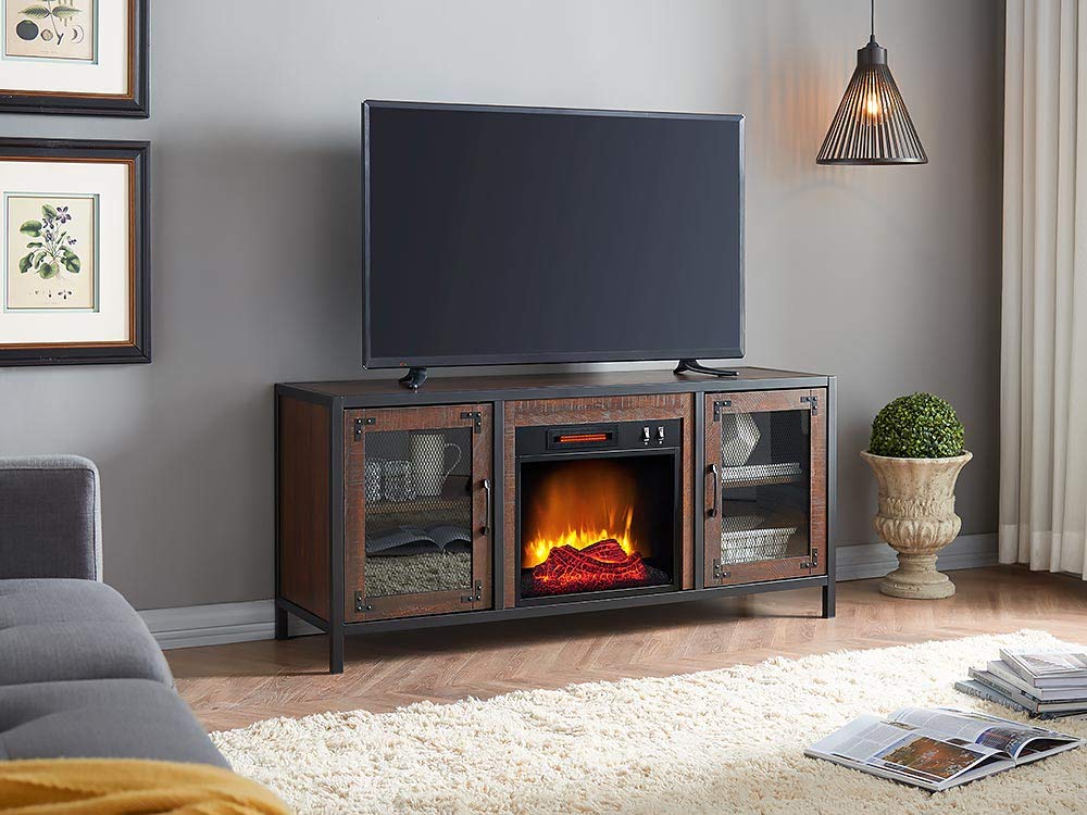 HearthPro Matthew Media Entertainment Console with Metal Frame & Fireplace - Brown Wood, SP6556-OF