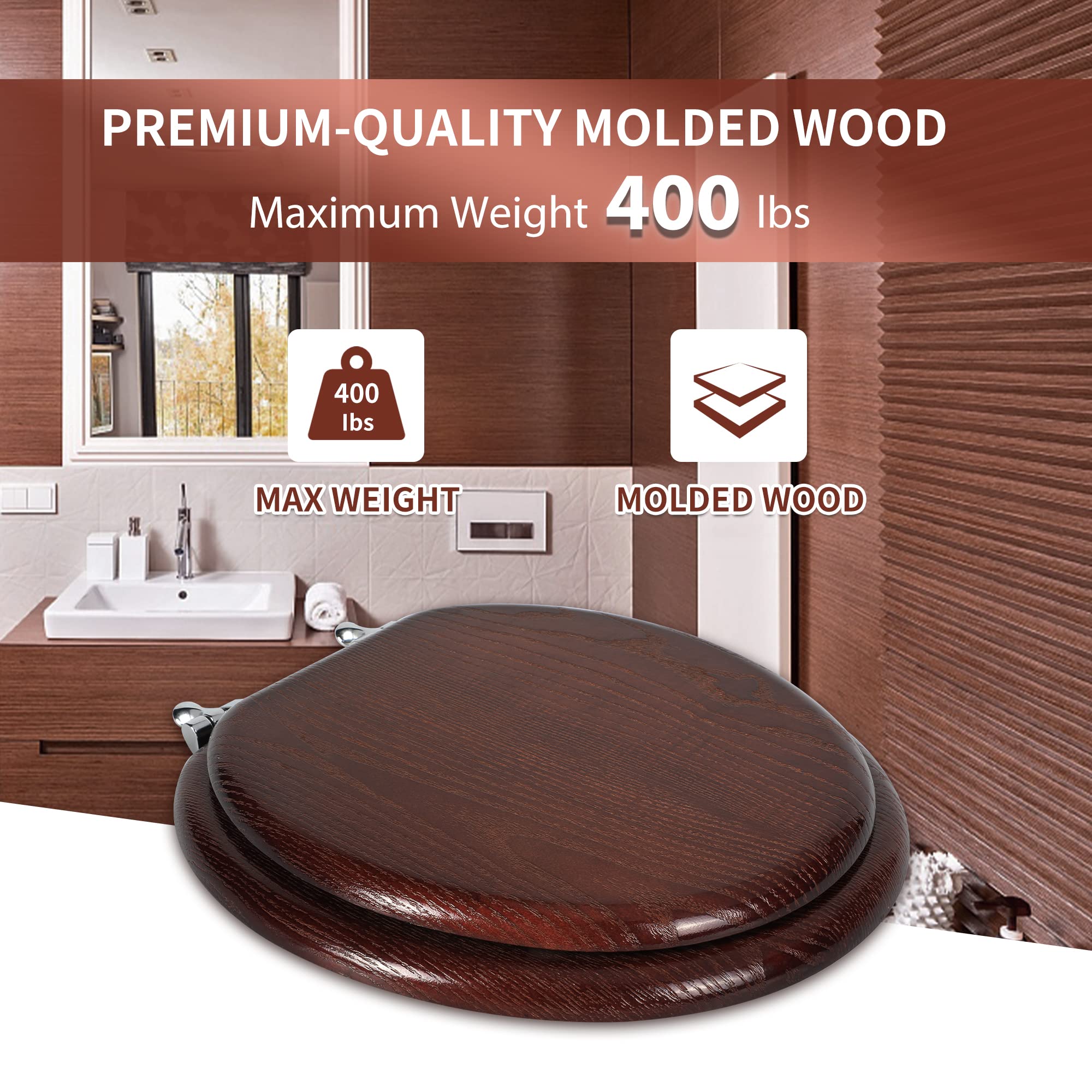 Angel Shield Durable Wood Veneer Natural Toilet Seat Metal Hinged Easy Clean Anti-scratch American Standard(Round,Dark Walnut)