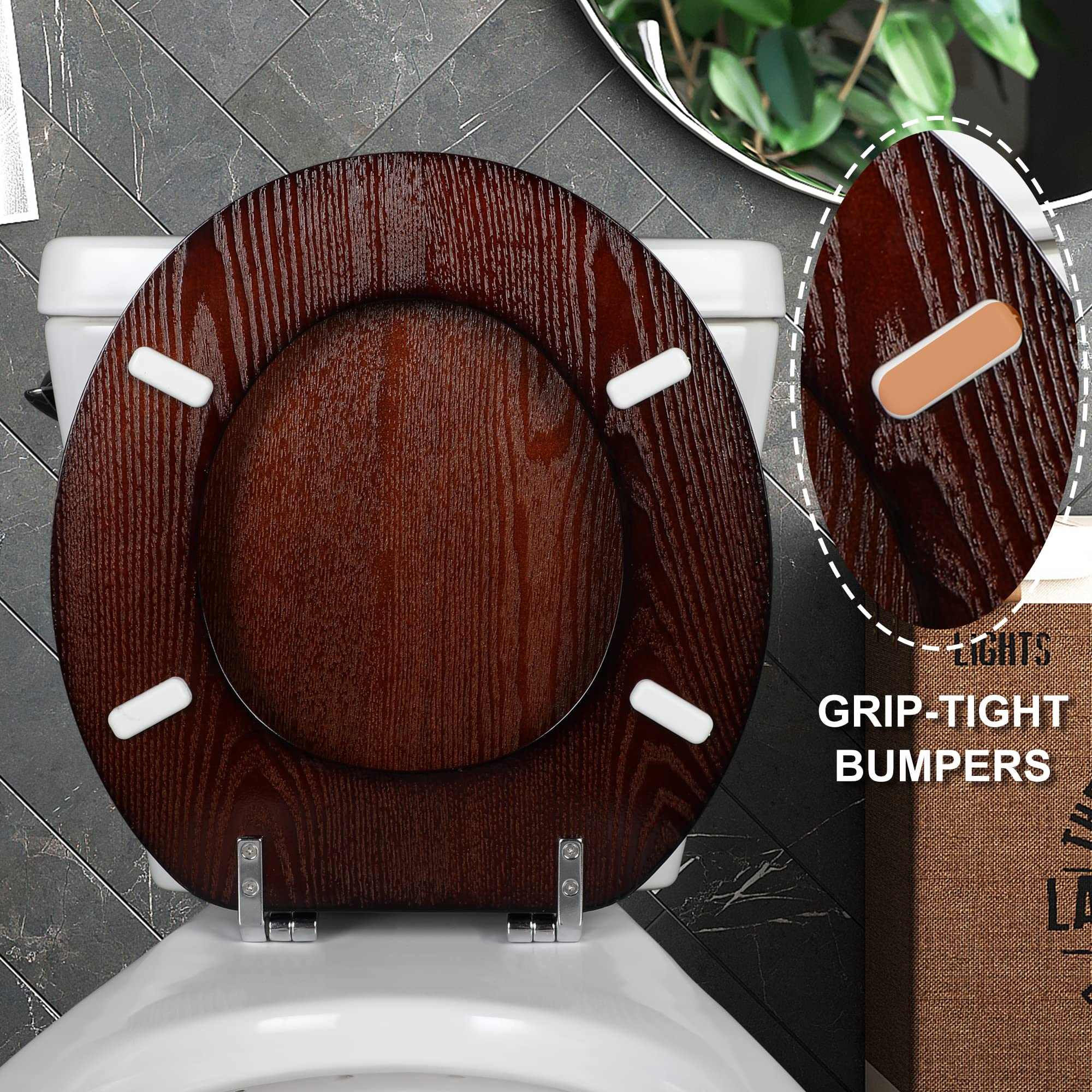 Angel Shield Durable Wood Veneer Natural Toilet Seat Metal Hinged Easy Clean Anti-scratch American Standard(Round,Dark Walnut)