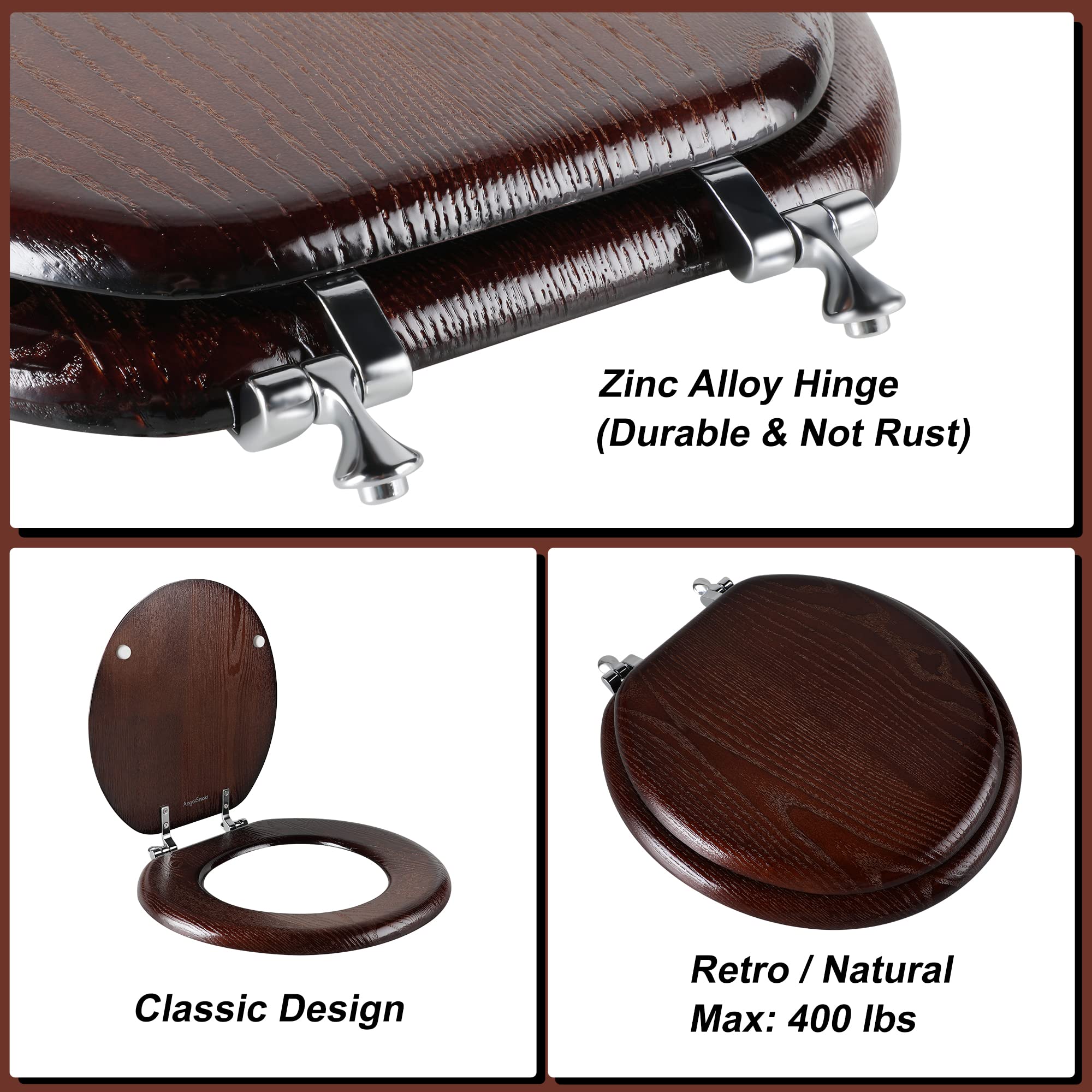 Angel Shield Durable Wood Veneer Natural Toilet Seat Metal Hinged Easy Clean Anti-scratch American Standard(Round,Dark Walnut)
