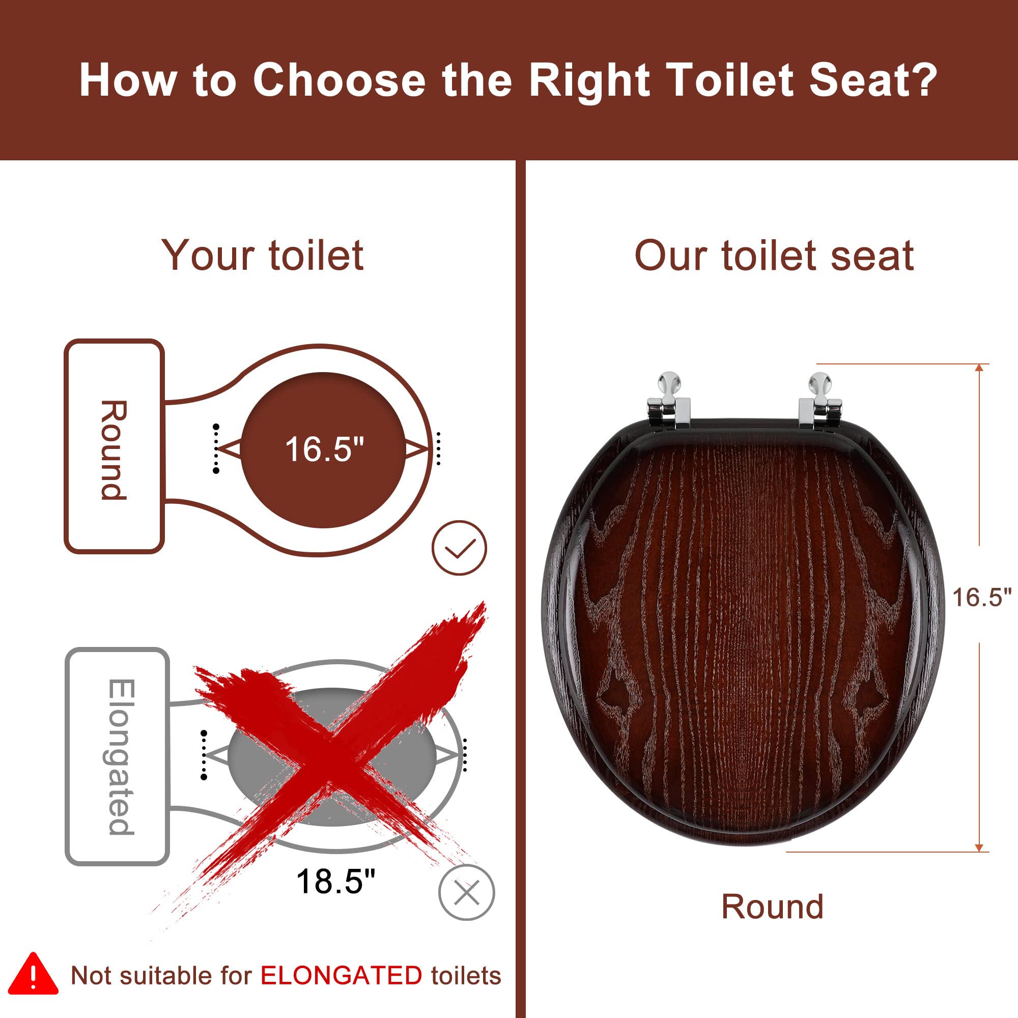 Angel Shield Durable Wood Veneer Natural Toilet Seat Metal Hinged Easy Clean Anti-scratch American Standard(Round,Dark Walnut)