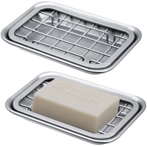 kitchen and bathroom soap dish tray - metal 2-piece soap dish tray with drainage grid and holder for kitchen sink countertops to store soap, sponges, scrubbers - rust resistant (2 pack, silver)