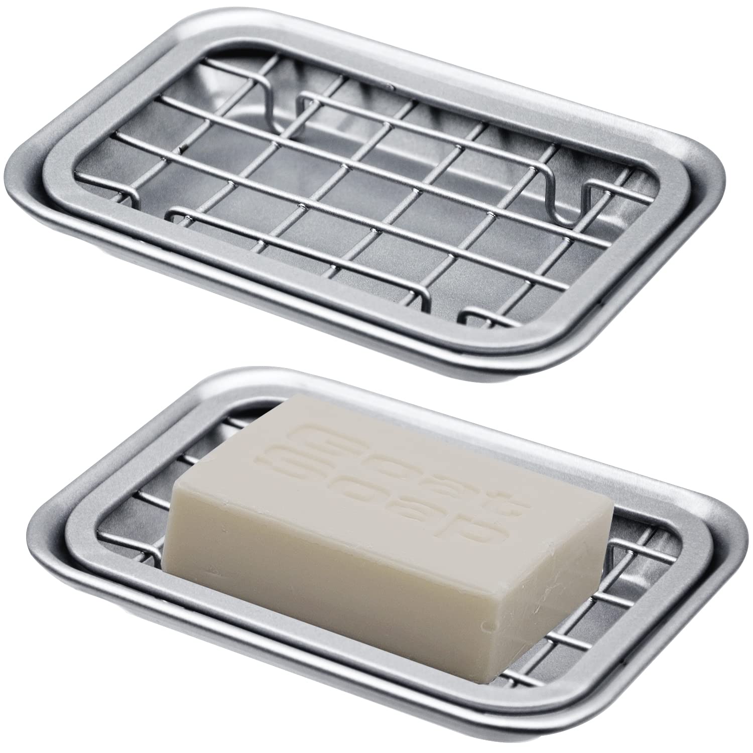 Kitchen and Bathroom Soap Dish Tray - Metal 2-Piece Soap Dish Tray with Drainage Grid and Holder for Kitchen Sink Countertops to Store Soap, Sponges, Scrubbers - Rust Resistant (2 Pack, Silver)