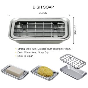 Kitchen and Bathroom Soap Dish Tray - Metal 2-Piece Soap Dish Tray with Drainage Grid and Holder for Kitchen Sink Countertops to Store Soap, Sponges, Scrubbers - Rust Resistant (2 Pack, Silver)