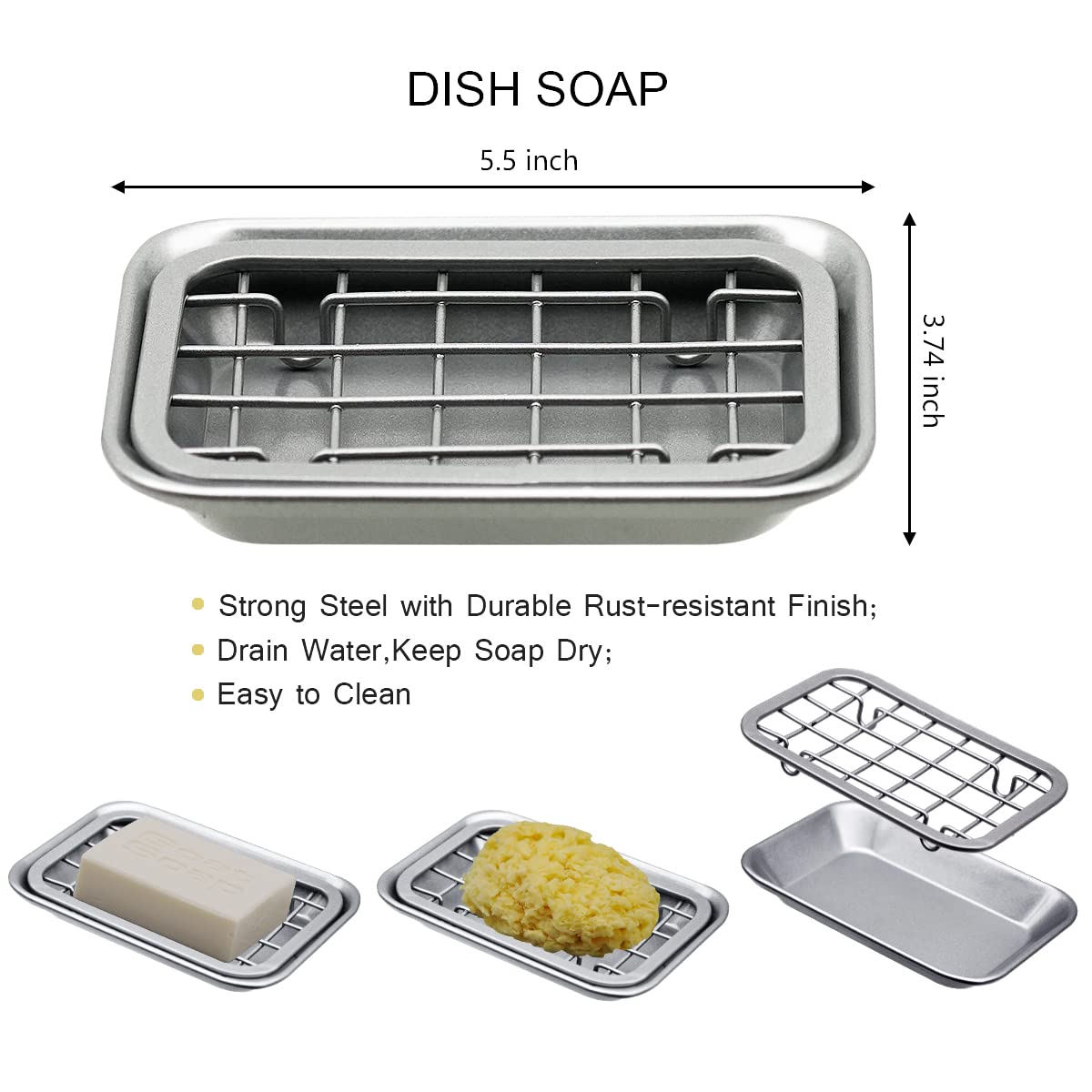 Kitchen and Bathroom Soap Dish Tray - Metal 2-Piece Soap Dish Tray with Drainage Grid and Holder for Kitchen Sink Countertops to Store Soap, Sponges, Scrubbers - Rust Resistant (2 Pack, Silver)