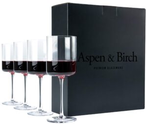 aspen & birch - modern wine glasses set of 4 - red wine glasses or white wine glasses, premium crystal stemware, long stem wine glasses set, clear, 15 oz, hand blown glass crafted by artisans