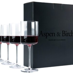 Aspen & Birch - Modern Wine Glasses Set of 4 - Red Wine Glasses or White Wine Glasses, Premium Crystal Stemware, Long Stem Wine Glasses Set, Clear, 15 oz, Hand Blown Glass Crafted by Artisans