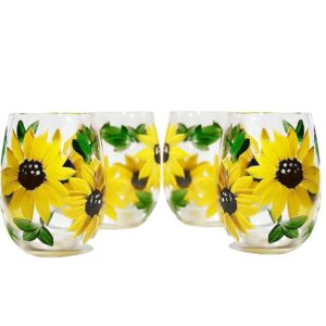sunflower gift idea | sunflower wine glasses set of 4 | hand painted stemless wine glasses, sunflower wedding favors