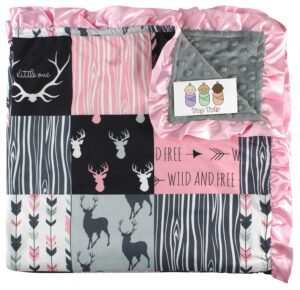 baby blanket - minky, deer, arrows and antlers, pink with gray and black, with pink ruffles
