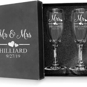 Krezy Case Mr and Mrs Wedding Toasting Champagne Flutes with Box, Set of 2 Glasses With Black Box, Laser engraved Tosting Flutes Engraved Personalized Glasses for Bride and Groom