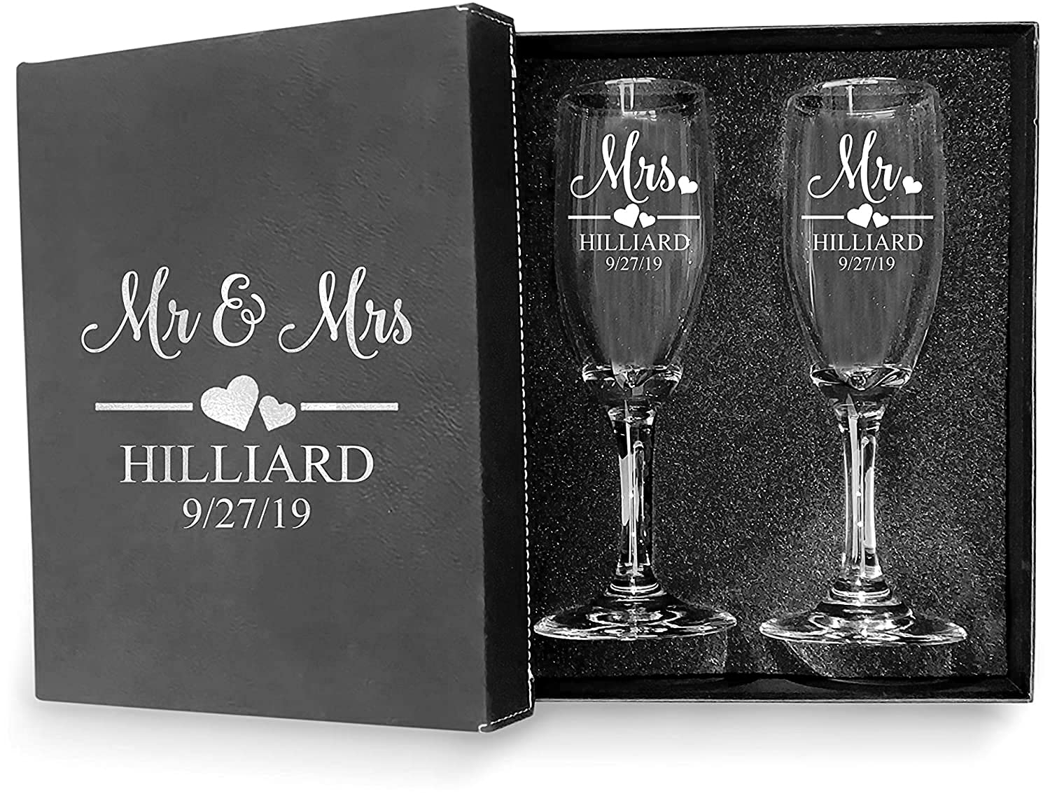 Krezy Case Mr and Mrs Wedding Toasting Champagne Flutes with Box, Set of 2 Glasses With Black Box, Laser engraved Tosting Flutes Engraved Personalized Glasses for Bride and Groom