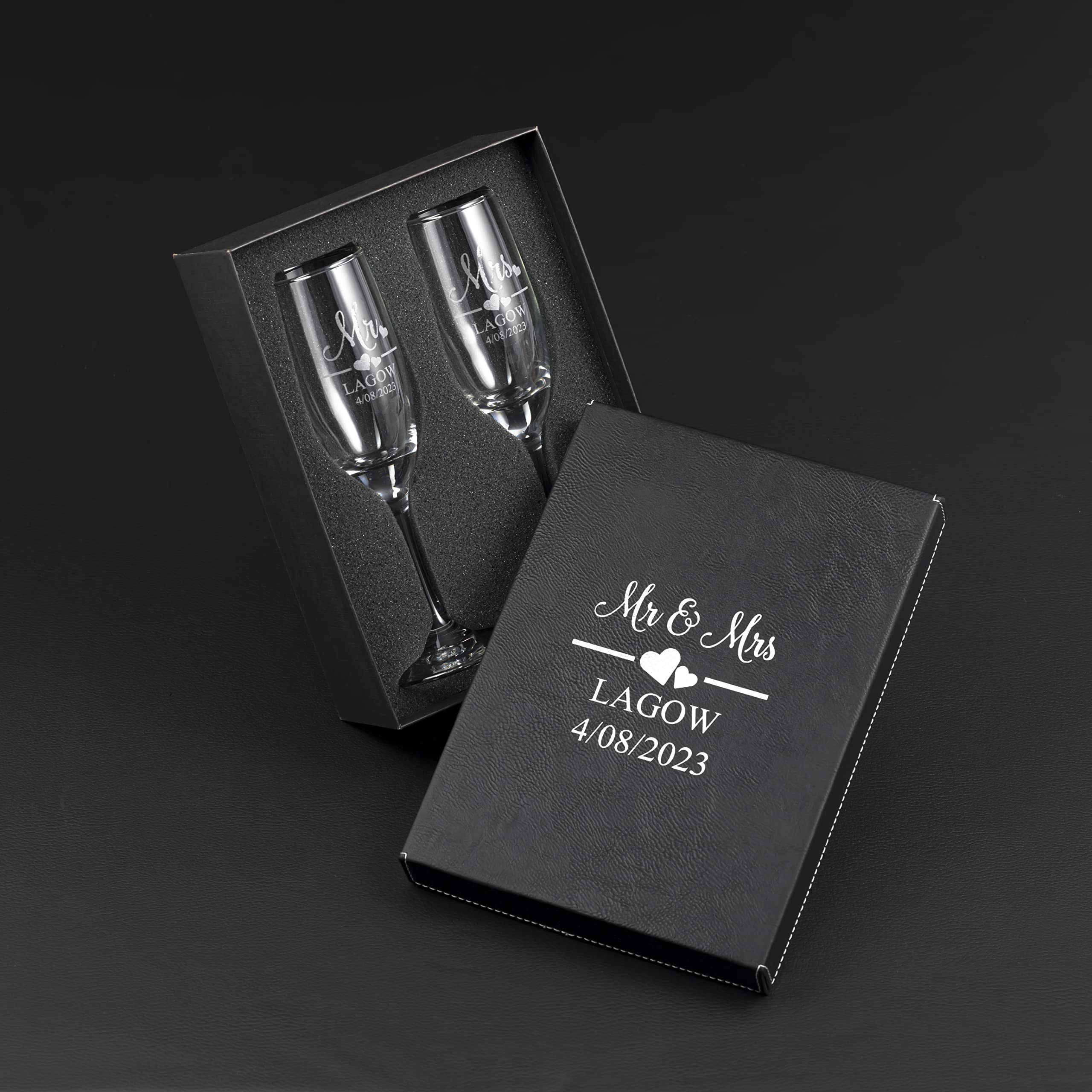 Krezy Case Mr and Mrs Wedding Toasting Champagne Flutes with Box, Set of 2 Glasses With Black Box, Laser engraved Tosting Flutes Engraved Personalized Glasses for Bride and Groom