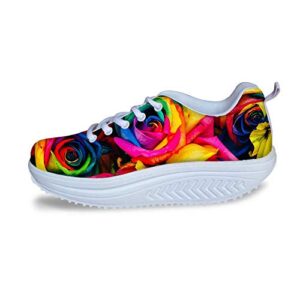 AFPANQZ Multi-Colored Roses Print Women Sports Running Shoes for Walking Jogging Wedge Sneakers Rocker Shape Ups Lightweight Shoes Trainers Size 5