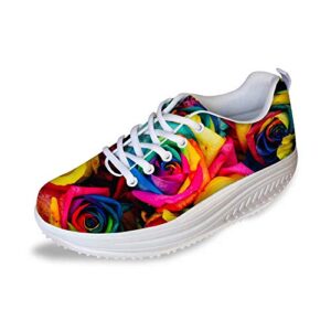 AFPANQZ Multi-Colored Roses Print Women Sports Running Shoes for Walking Jogging Wedge Sneakers Rocker Shape Ups Lightweight Shoes Trainers Size 5