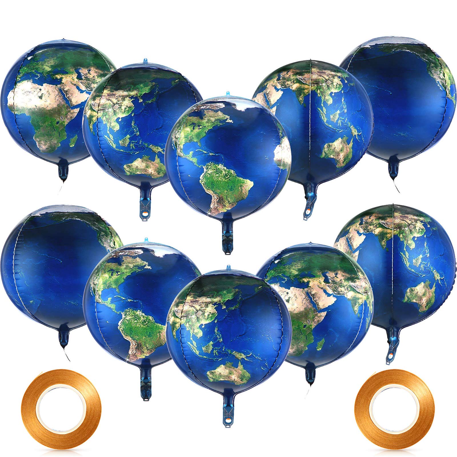 10 Pieces 22 Inch Earth Globe Balloons Sphere World Map Foil Balloons Planet 4D Round Globe Balloons and 2 Rolls Ribbons for Birthday Space Theme Party Earth Day Decorations Teaching Supplies