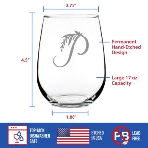 Monogram Floral Letter P - Stemless Wine Glass - Personalized Gifts for Women and Men - Large Engraved Glasses