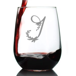 monogram floral letter j - stemless wine glass - personalized gifts for women and men - large engraved glasses