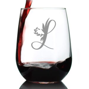 monogram floral letter l - stemless wine glass - personalized gifts for women and men - large engraved glasses