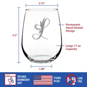 Monogram Floral Letter L - Stemless Wine Glass - Personalized Gifts for Women and Men - Large Engraved Glasses