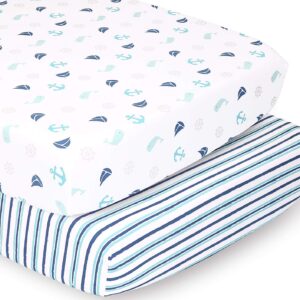 the peanutshell nautical & striped crib sheets for baby boys or girls | unisex 2 pack set