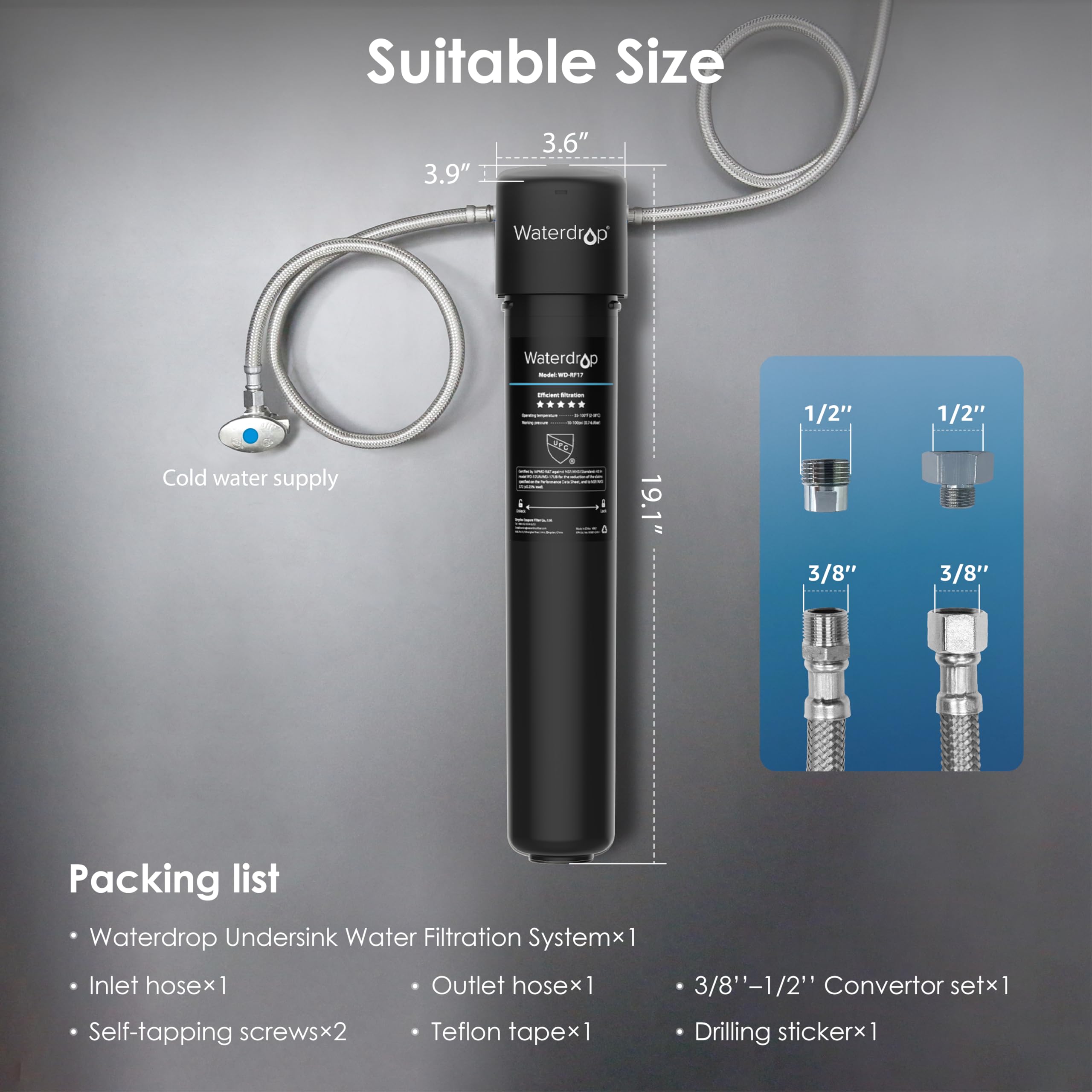 Waterdrop 17UA 3 Years Under Sink Water Filter, Under Sink Water Filtration System, Reduces PFAS, PFOA/PFOS, Lead, Chlorine, Under Sink Water Filter, NSF/ANSI 42 Certified, 24K Gallons