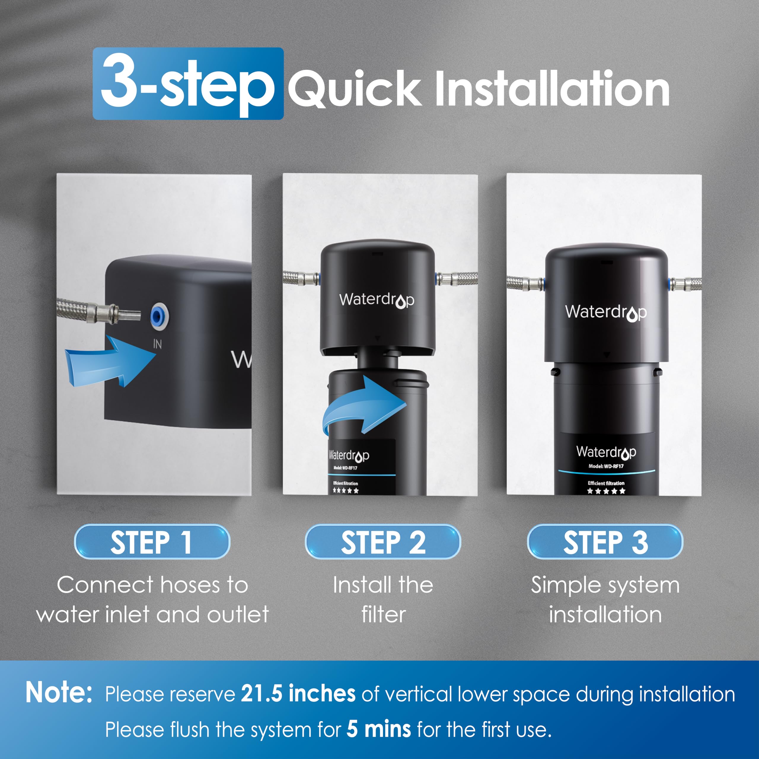 Waterdrop 17UA 3 Years Under Sink Water Filter, Under Sink Water Filtration System, Reduces PFAS, PFOA/PFOS, Lead, Chlorine, Under Sink Water Filter, NSF/ANSI 42 Certified, 24K Gallons