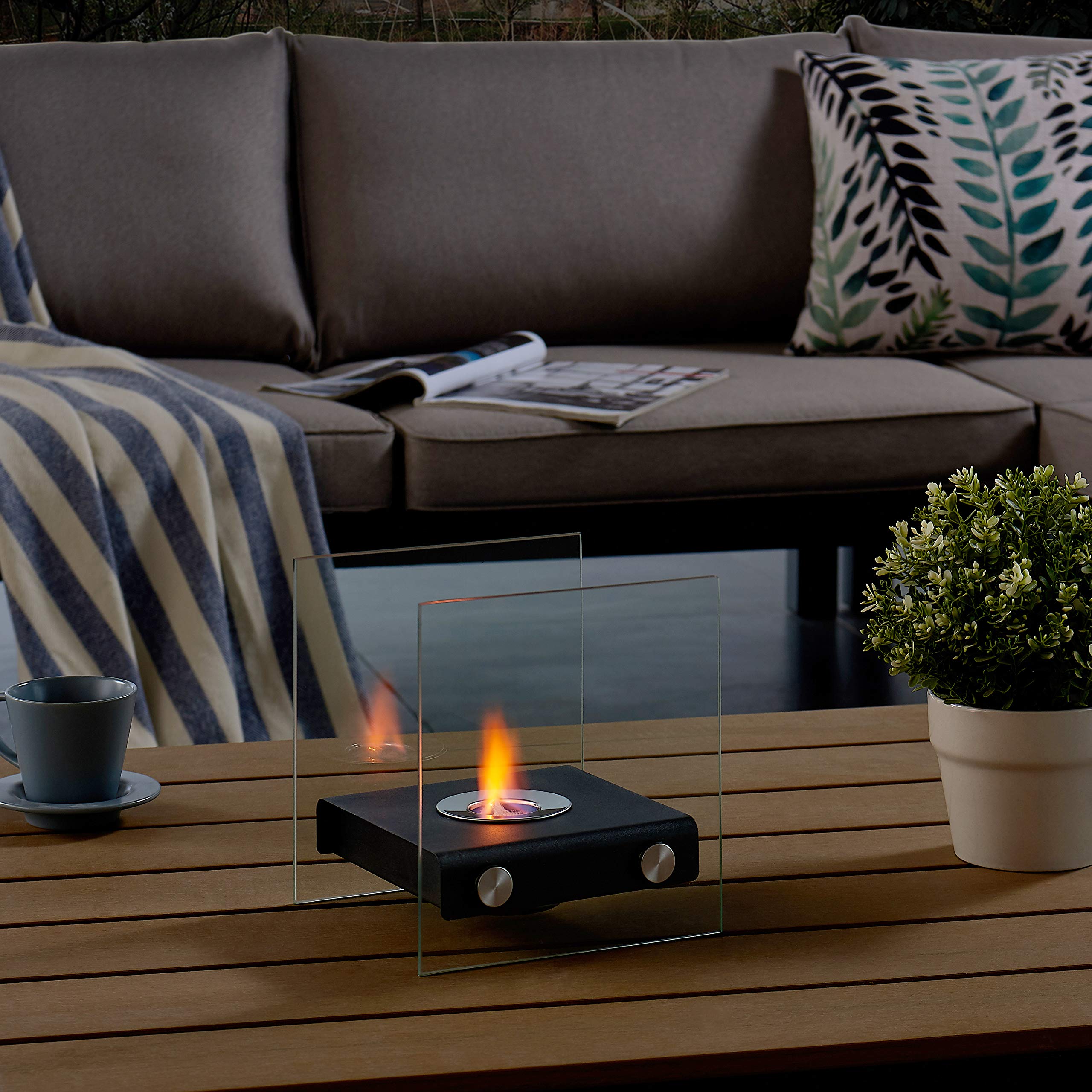 Danya B. Square Tabletop Smokeless Fireplace with Clear Glass Panels for Indoor/Outdoor Use, Ventless, Portable, 7.5" H x 6.75" D x 7.5" W, Modern Matte Black Metal Fire Pit, uses Bio-Ethanol Fuel