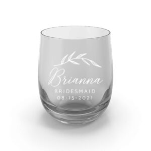 engraved stemless wine glass gift for bachelorette party - personalized for your bridesmaids, maid of honor, matron of honor, bridal party (seaweed)