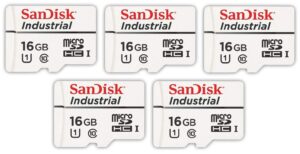 sandisk industrial 16gb micro sd memory card class 10 uhs-i microsdhc (bulk 5 pack) in cases (sdsdqaf3-016g-i) bundle with (1) everything but stromboli card reader