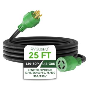 rvguard 4 prong 30 amp 25 foot generator extension cord, nema l14-30p/l14-30r, 125/250v up to 7500w 10 gauge sjtw generator cord with cord organizer, etl listed